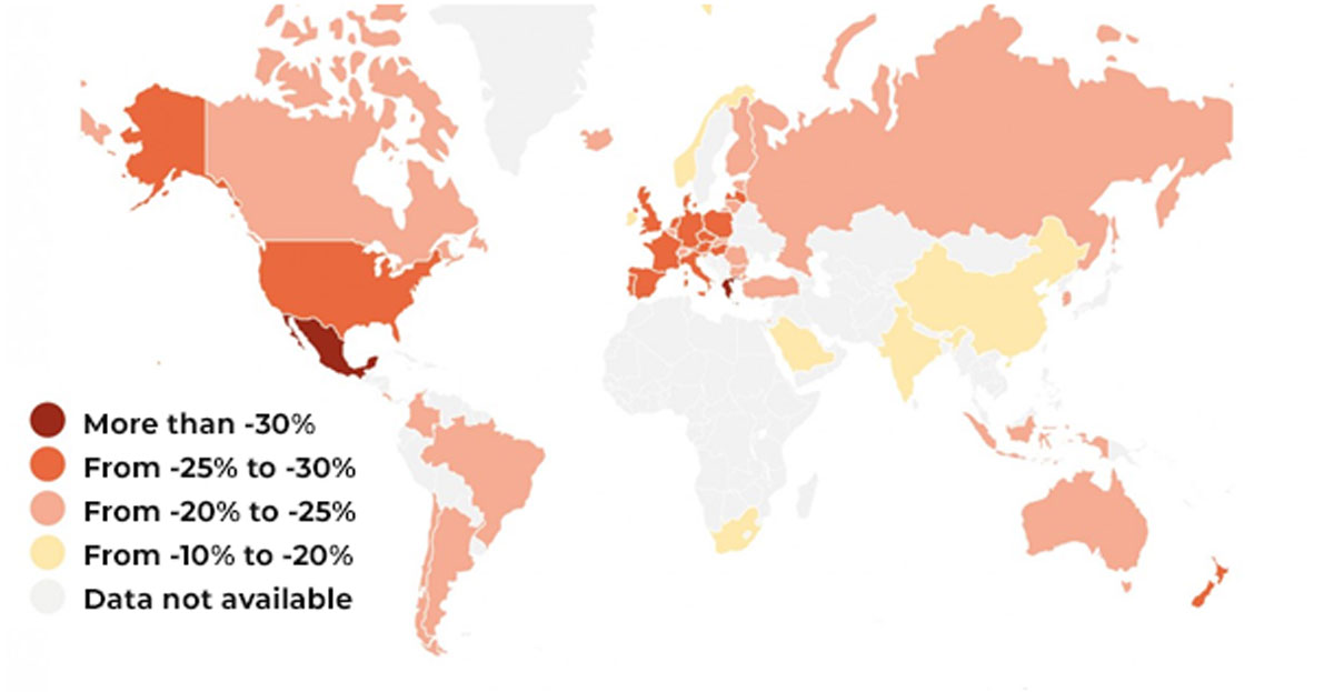 WORLD GDP REDUCTION in 2020 - map