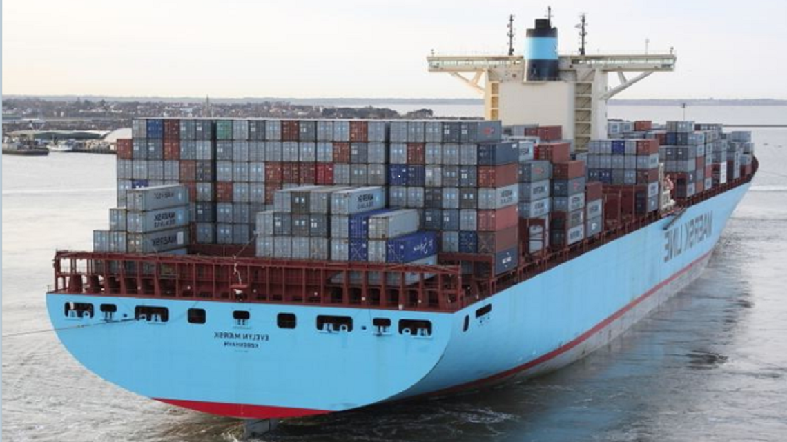 The 16,700-teu container ship Evelyn Maersk, calls at PSA Genova Pra' terminal